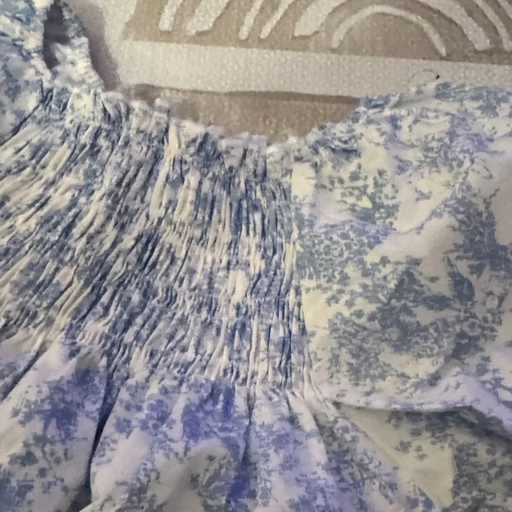 Smocked Puff-Sleeve Baby Romper in Blue Toile
